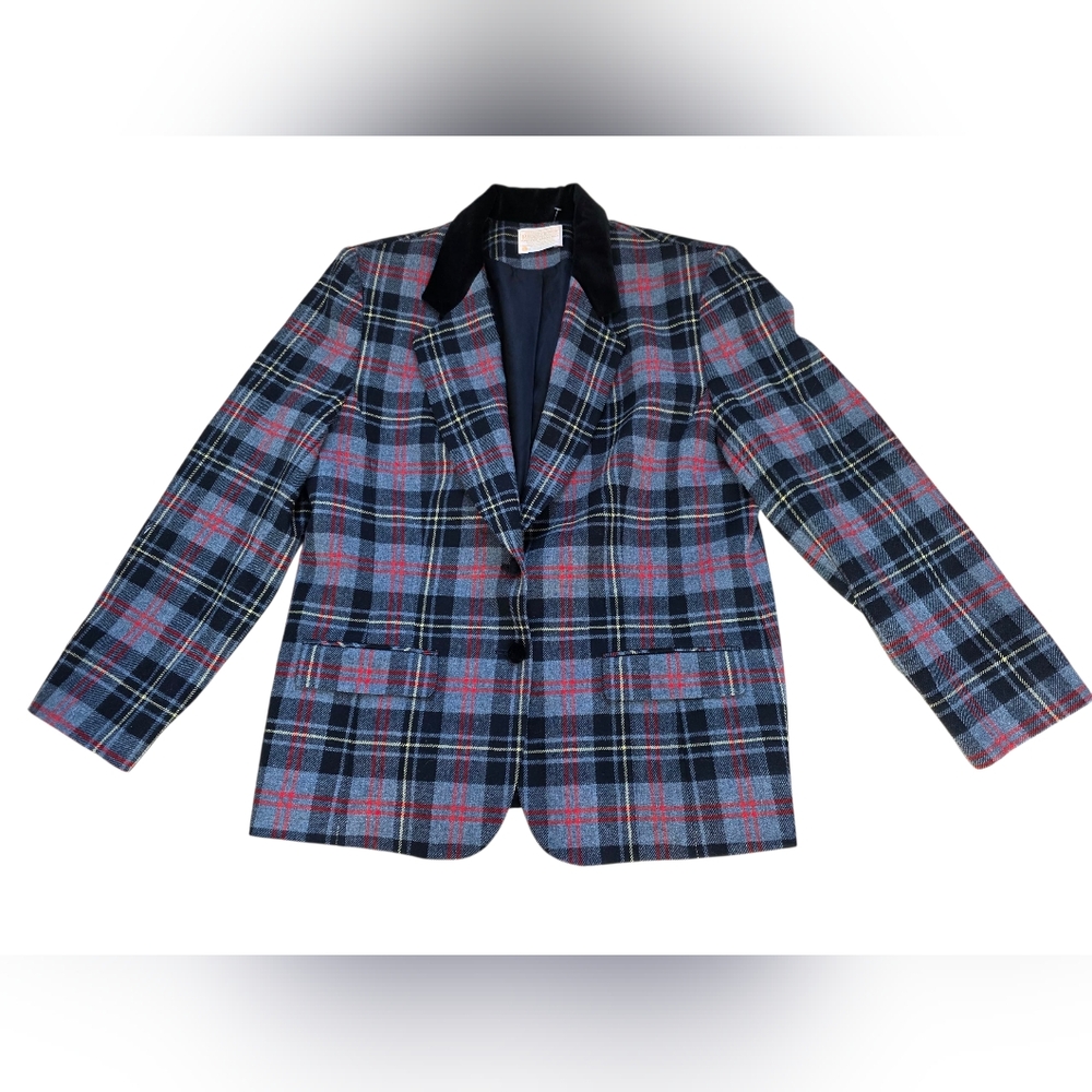 Vintage Pendleton 100% Virgin Wool Plaid Blazer With Black Velvet Trim Sz 16 EUC